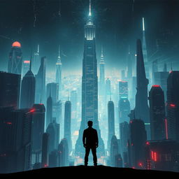 A movie poster for a science fiction film, set against a futuristic dystopian background