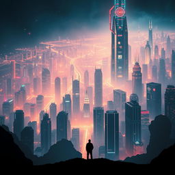 A movie poster for a science fiction film, set against a futuristic dystopian background