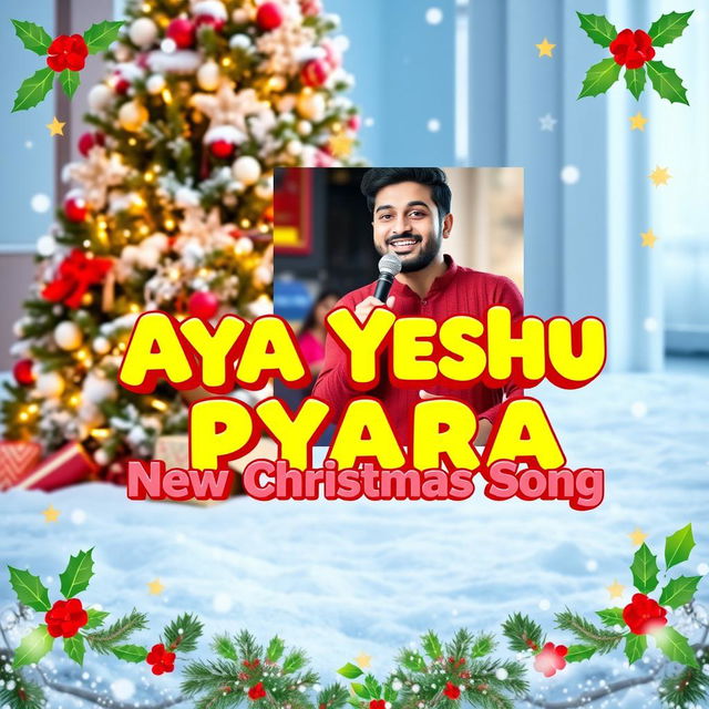 A colorful and festive YouTube video thumbnail for the song 'Aya Yeshu Pyara - New Christmas Song'