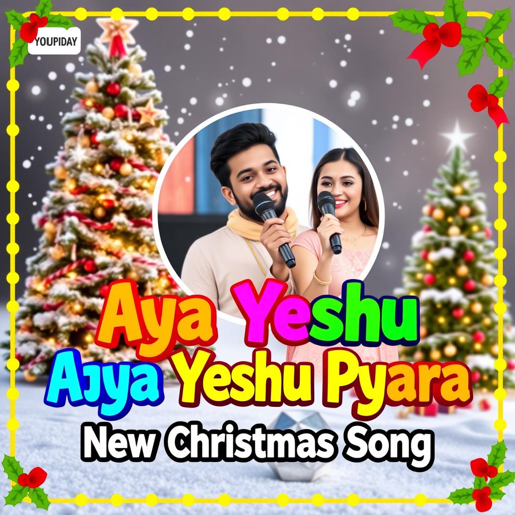 A colorful and festive YouTube video thumbnail for the song 'Aya Yeshu Pyara - New Christmas Song'