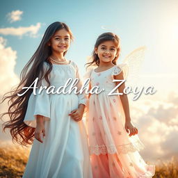 In a picturesque setting, two girls stand together in one frame, elegantly captured in a moment of joy
