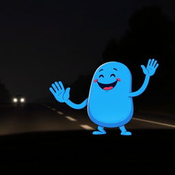 A whimsical blue blobby character without a mouth, cheerfully doing the Mexican wave