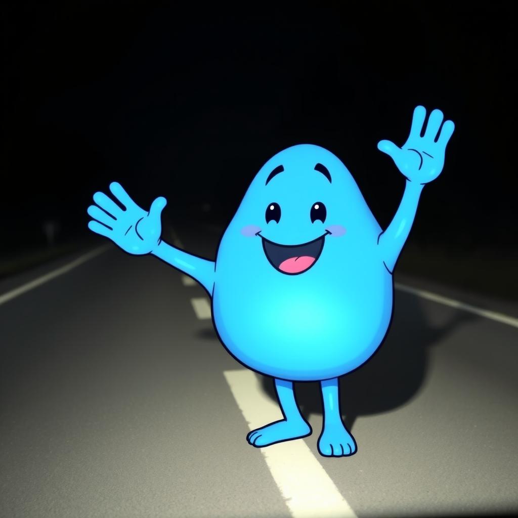A whimsical blue blobby character without a mouth, cheerfully doing the Mexican wave
