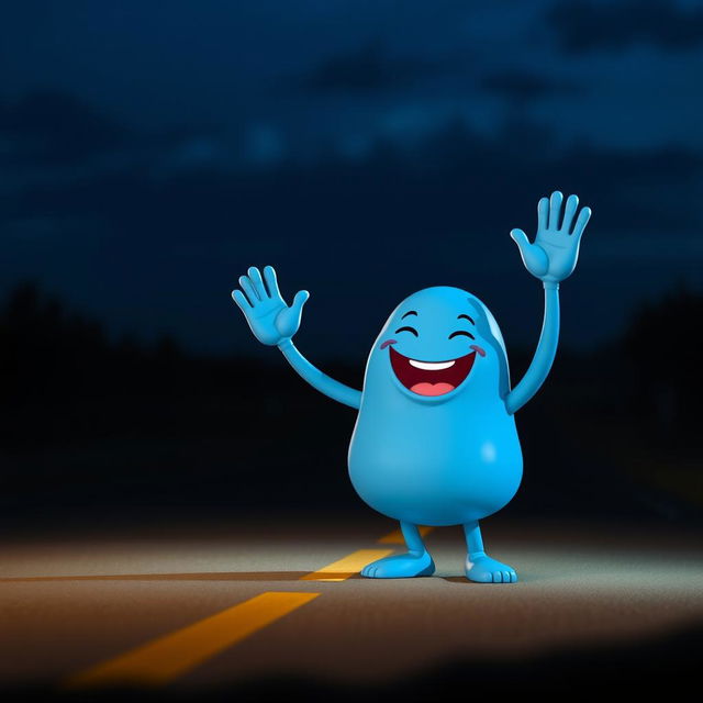 A whimsical blue blobby character without a mouth, cheerfully doing the Mexican wave