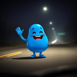 A whimsical blue blobby character without a mouth, cheerfully doing the Mexican wave
