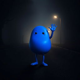 A surreal and imaginative image of a blue blobby character with an amorphous shape, lacking a mouth, performing the Mexican wave