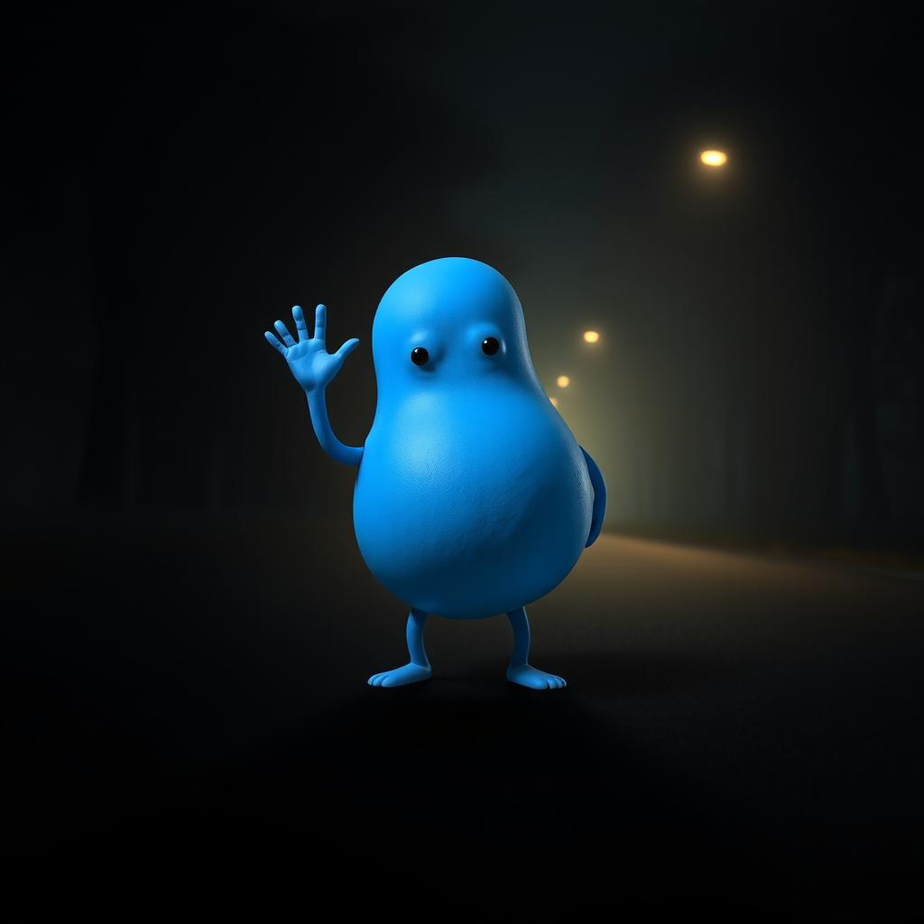 A surreal and imaginative image of a blue blobby character with an amorphous shape, lacking a mouth, performing the Mexican wave