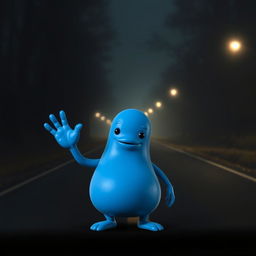 A surreal and imaginative image of a blue blobby character with an amorphous shape, lacking a mouth, performing the Mexican wave