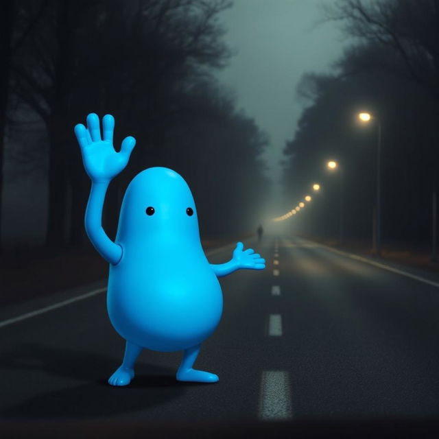 A surreal and imaginative image of a blue blobby character with an amorphous shape, lacking a mouth, performing the Mexican wave