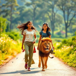 A captivating scene unfolds as two girls, Zoya and Aradhya, stroll together along a picturesque road