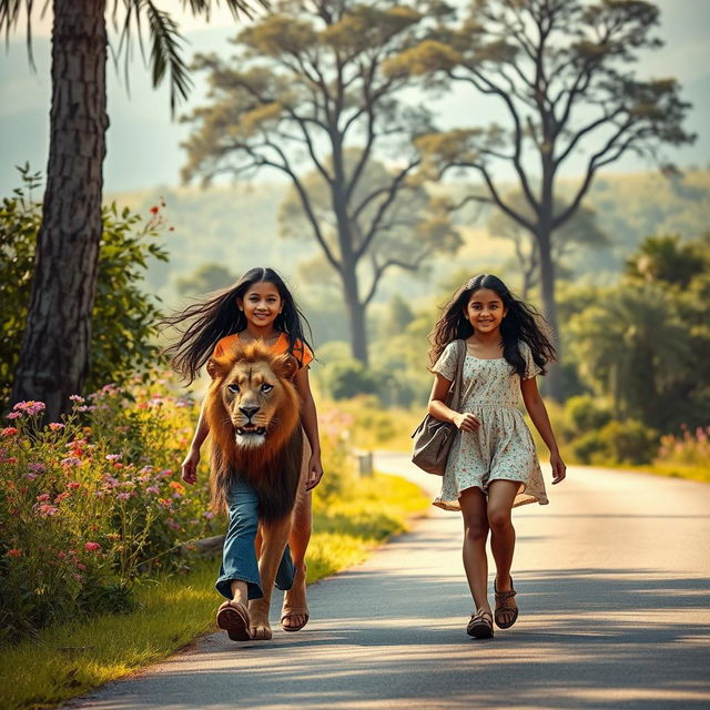 A captivating scene unfolds as two girls, Zoya and Aradhya, stroll together along a picturesque road