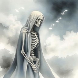 A tranquil yet haunting watercolor painting depicting the concept of death