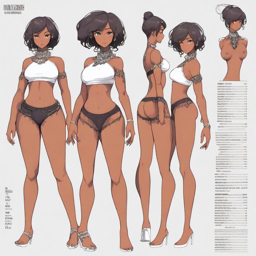 A high-quality digital art of an anime character sheet, featuring a black woman with eyes all over her body