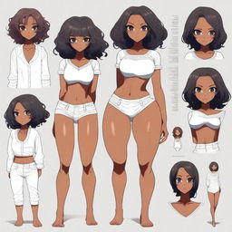 A high-quality digital art of an anime character sheet, featuring a black woman with eyes all over her body