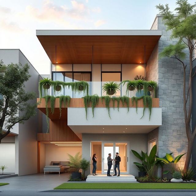 A front elevation view of a contemporary residential building featuring a ground plus one floor design