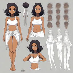 A high-quality digital art of an anime character sheet, featuring a black woman with eyes all over her body