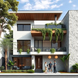 A front elevation view of a contemporary residential building featuring a ground plus one floor design