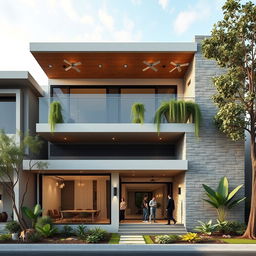 A front elevation view of a contemporary residential building featuring a ground plus one floor design