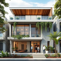 A front elevation view of a contemporary residential building featuring a ground plus one floor design