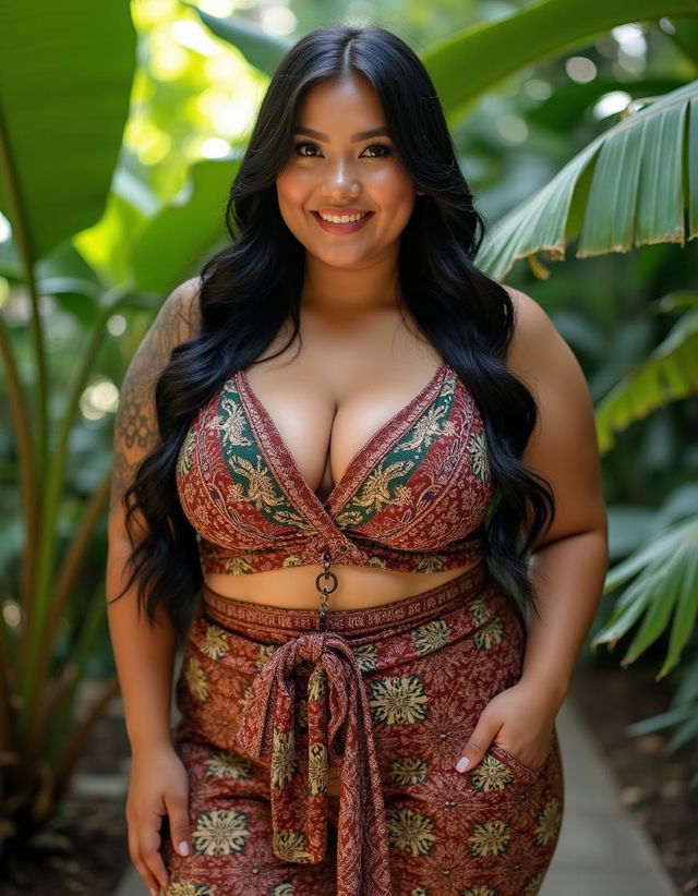 A beautiful Indonesian plus-size woman with a prominent bust, showcasing her curves confidently