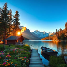 A serene landscape featuring a sparkling blue lake surrounded by towering pine trees, with a breathtaking mountain backdrop under a clear blue sky