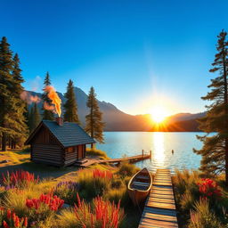 A serene landscape featuring a sparkling blue lake surrounded by towering pine trees, with a breathtaking mountain backdrop under a clear blue sky