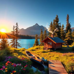 A serene landscape featuring a sparkling blue lake surrounded by towering pine trees, with a breathtaking mountain backdrop under a clear blue sky