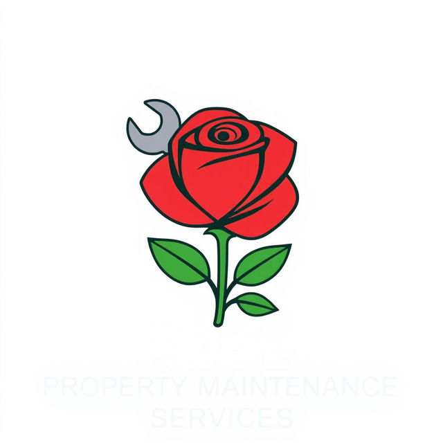 A sleek and modern logo design for 'Rose Property Maintenance Services', featuring a stylized rose integrated with tools like a wrench and a paint brush