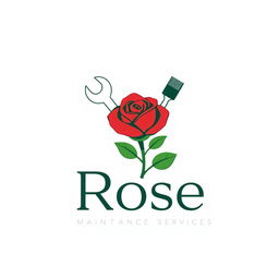 A sleek and modern logo design for 'Rose Property Maintenance Services', featuring a stylized rose integrated with tools like a wrench and a paint brush