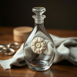 A beautifully crafted closed glass flask, elegantly shaped, sitting upright on a wooden table