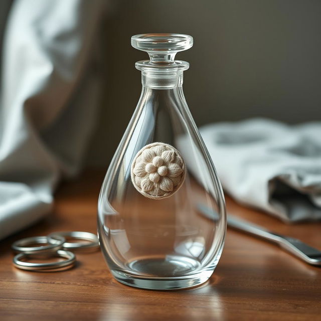 A beautifully crafted closed glass flask, elegantly shaped, sitting upright on a wooden table