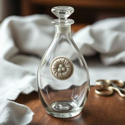 A beautifully crafted closed glass flask, elegantly shaped, sitting upright on a wooden table