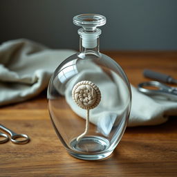 A beautifully crafted closed glass flask, elegantly shaped, sitting upright on a wooden table