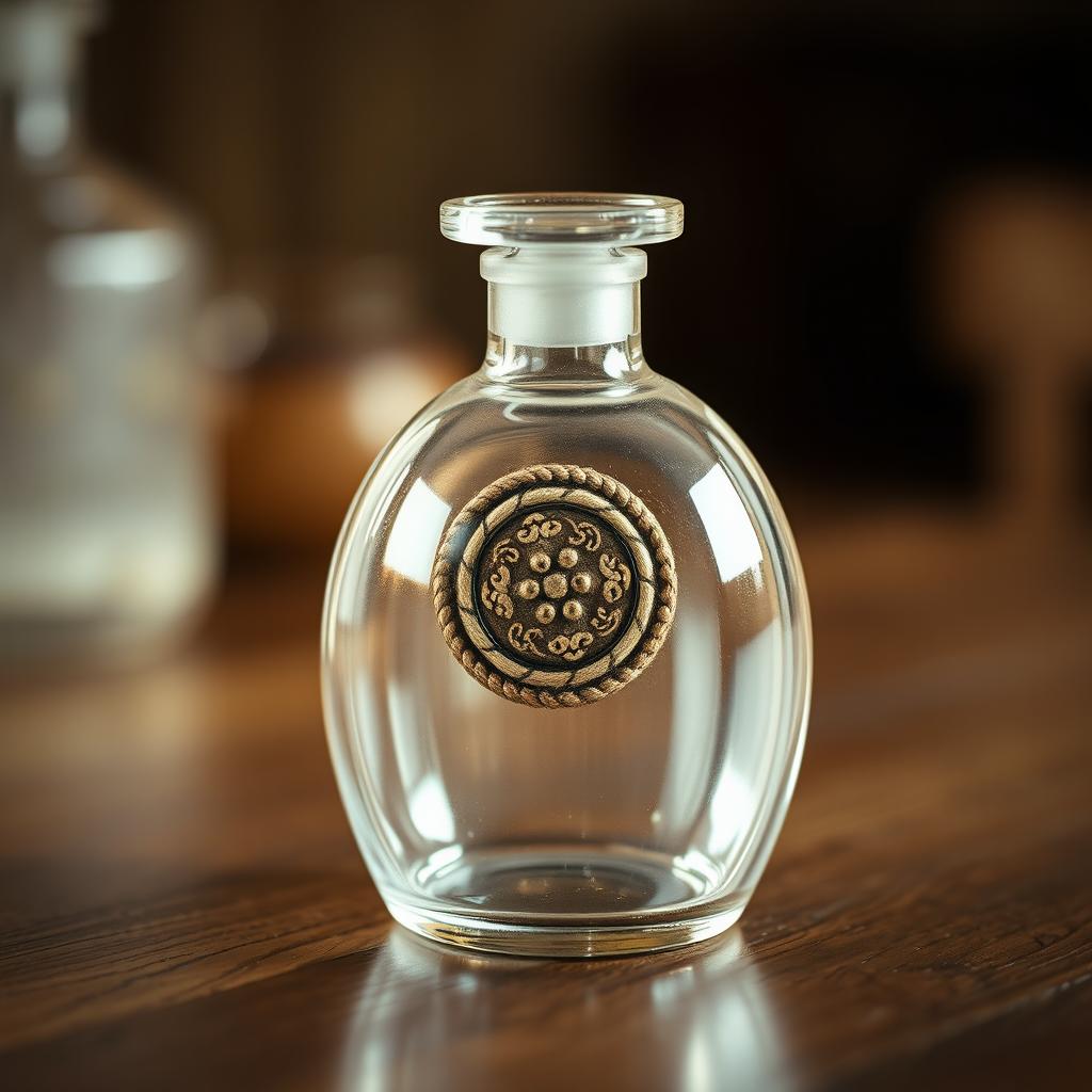 A closed glass flask resting on a wooden table, with a classical cloth button beautifully nestled inside it