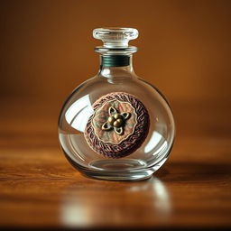 A closed glass flask resting on a wooden table, with a classical cloth button beautifully nestled inside it