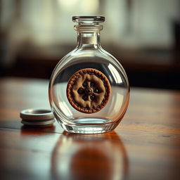 A closed glass flask resting on a wooden table, with a classical cloth button beautifully nestled inside it
