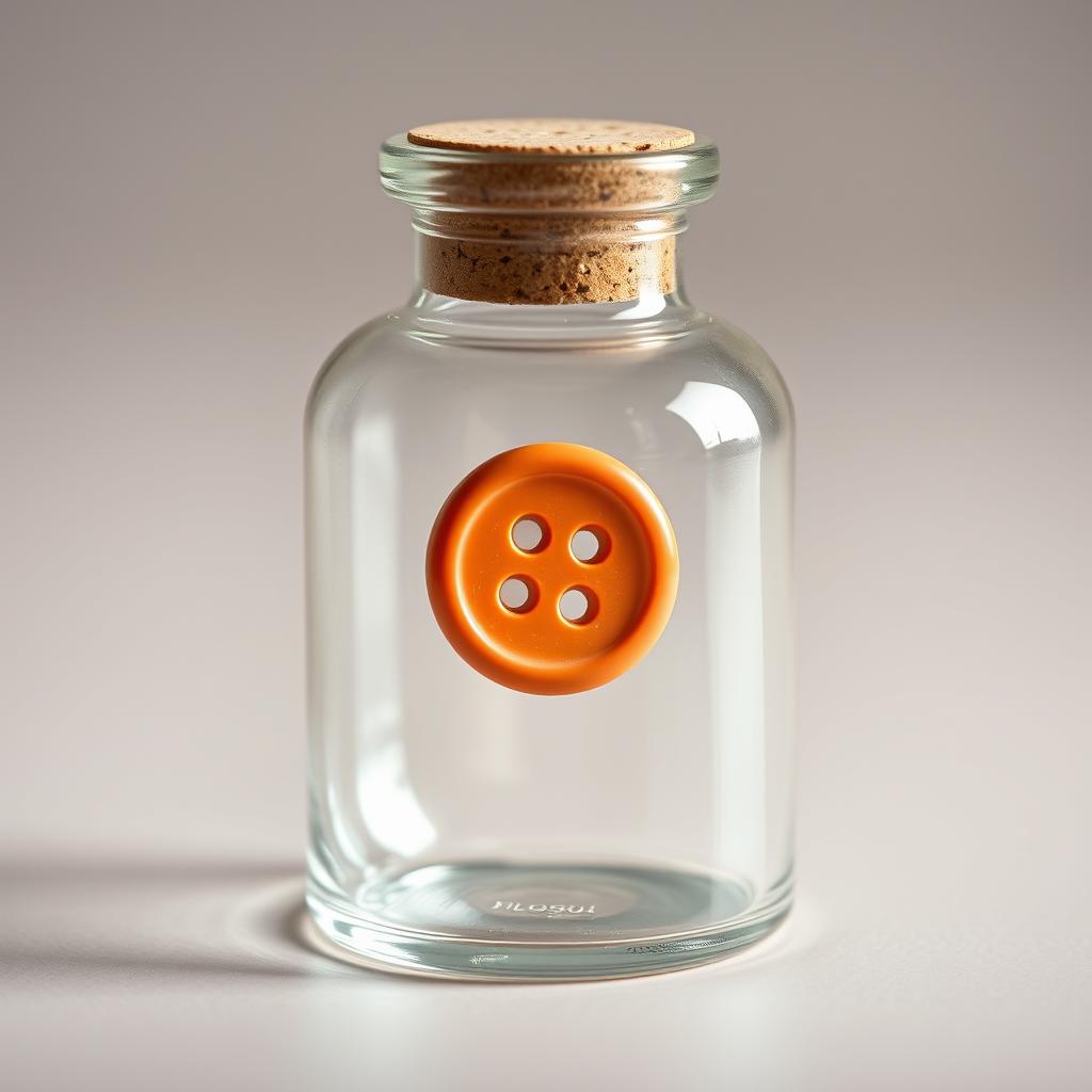 A closed glass flask with a normal clothing button trapped inside