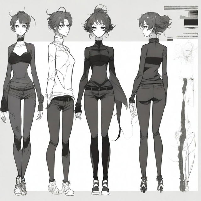 A high-quality digital art of an anime style character sheet, featuring a woman made of ink, as black as tar