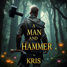 A fantasy-themed book cover featuring a rugged man wearing intricately detailed leather armor, standing in a dense, mystical forest