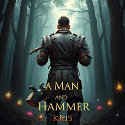 A fantasy-themed book cover featuring a rugged man wearing intricately detailed leather armor, standing in a dense, mystical forest