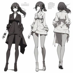 A high-quality digital art of an anime style character sheet, featuring a woman made of ink, as black as tar