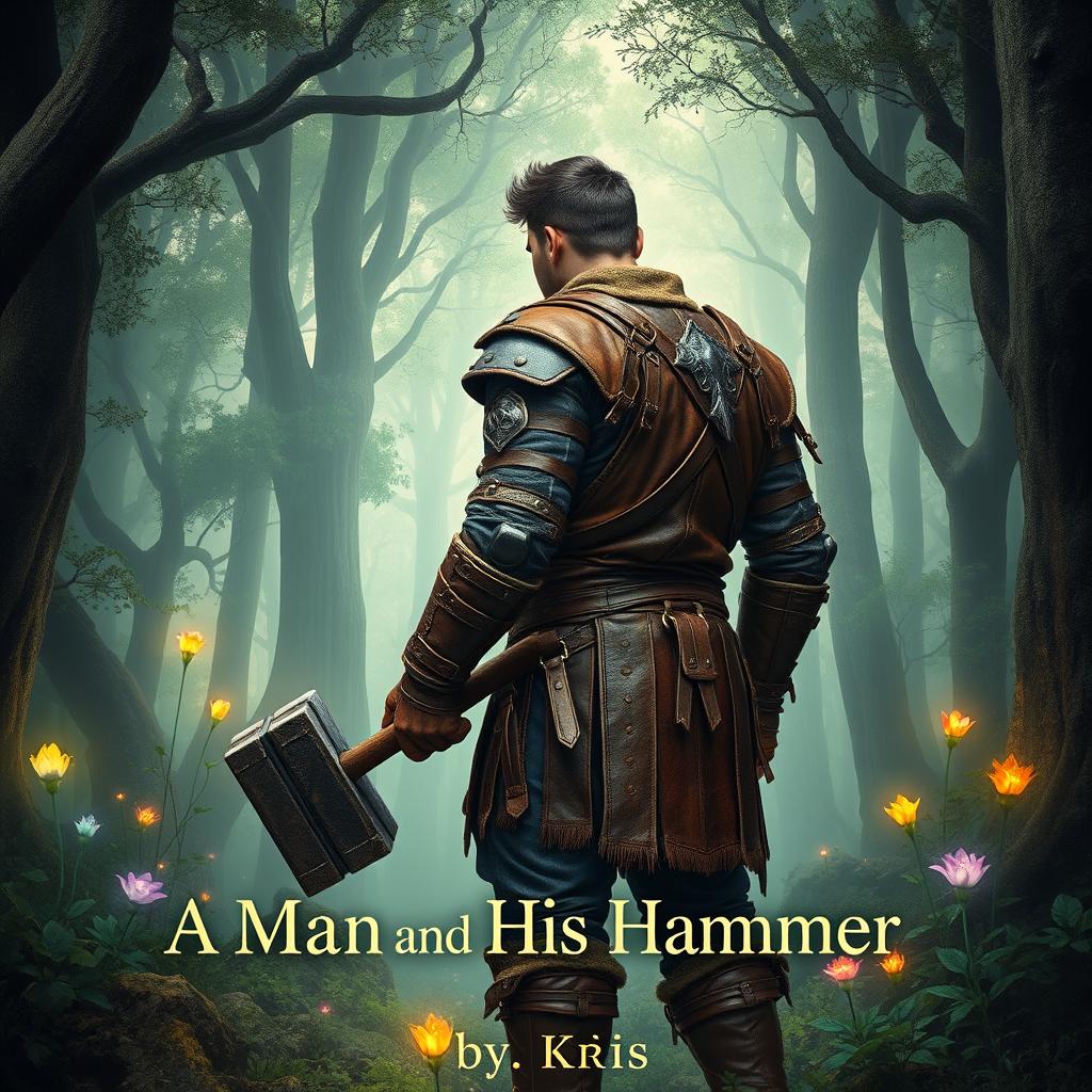 A fantasy-themed book cover featuring a rugged man wearing intricately detailed leather armor, standing in a dense, mystical forest