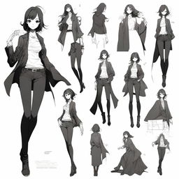 A high-quality digital art of an anime style character sheet, featuring a woman made of ink, as black as tar