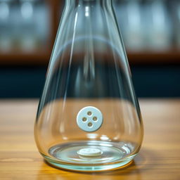 A closed laboratory flask made of clear glass, featuring a standard clothing button at the bottom inside the flask