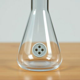 A closed laboratory flask made of clear glass, featuring a standard clothing button at the bottom inside the flask
