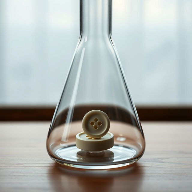 A closed laboratory flask made of clear glass, featuring a standard clothing button at the bottom inside the flask