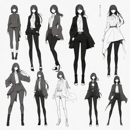 A high-quality digital art of an anime style character sheet, featuring a woman made of ink, as black as tar