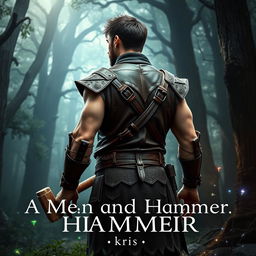 A fantasy-themed book cover featuring a rugged man wearing intricately crafted leather armor, standing in a mystical forest