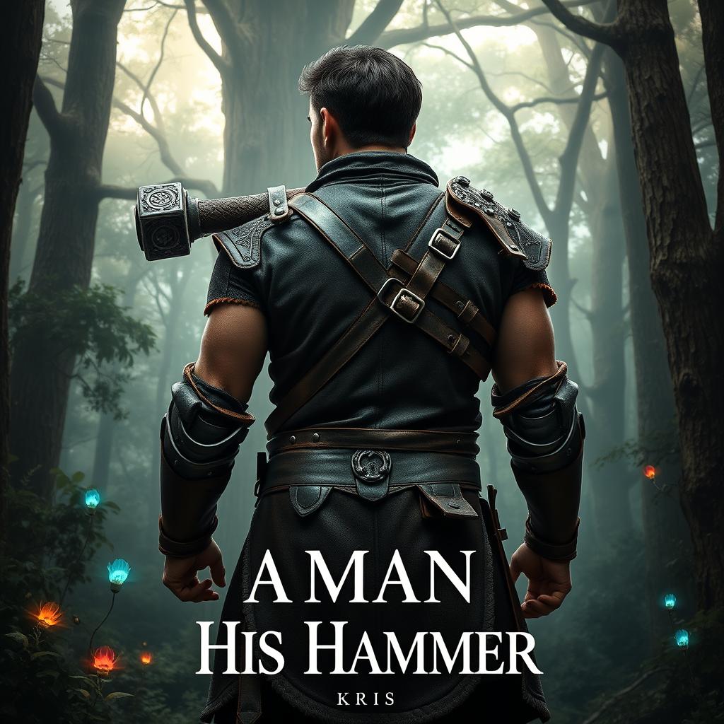 A fantasy-themed book cover featuring a rugged man wearing intricately crafted leather armor, standing in a mystical forest