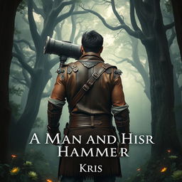 A fantasy-themed book cover featuring a rugged man wearing intricately crafted leather armor, standing in a mystical forest